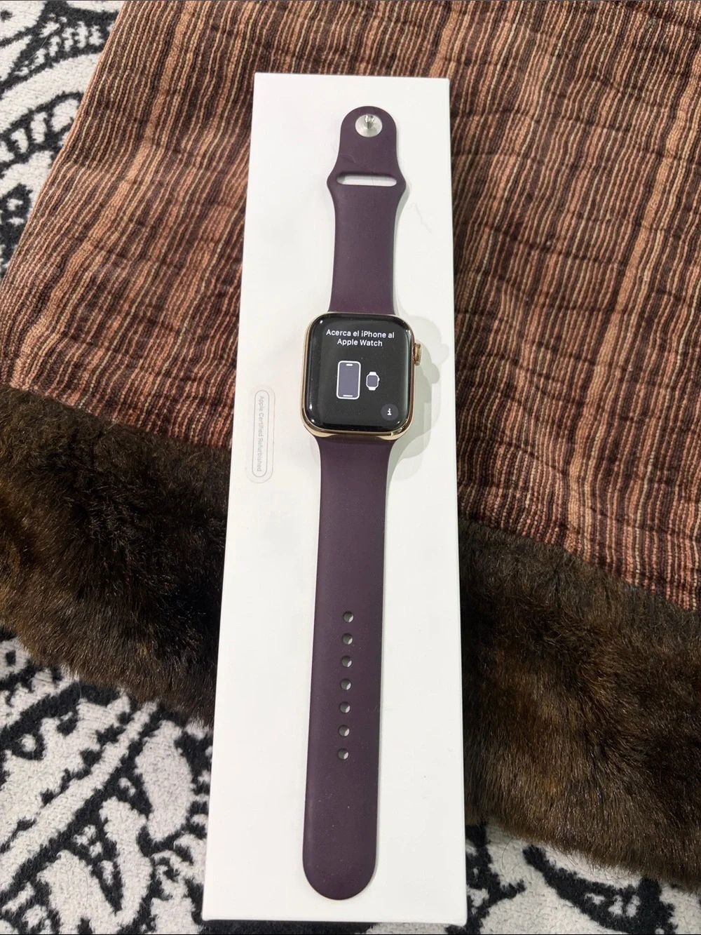 Apple Watch Gold Case with Plum Sport Band